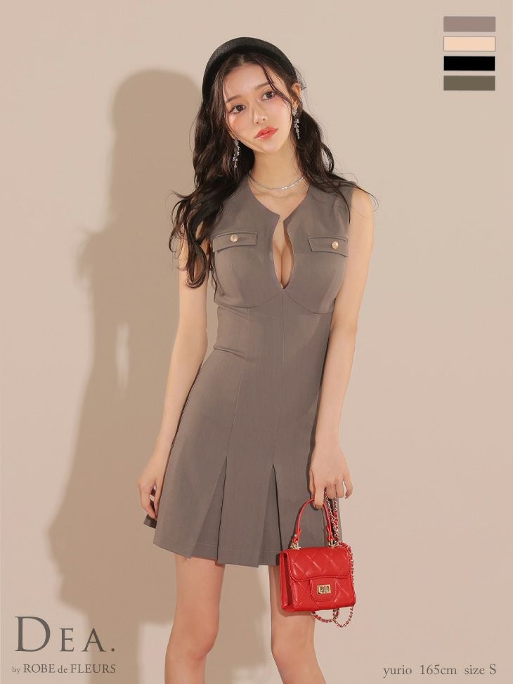 キャバドレス ミニドレス [DEA.byROBEdeFLEURS/ディアバイローブドフルール] 　 高級シンプルノースリーブゴールドボタンバストカットフレアミニドレス