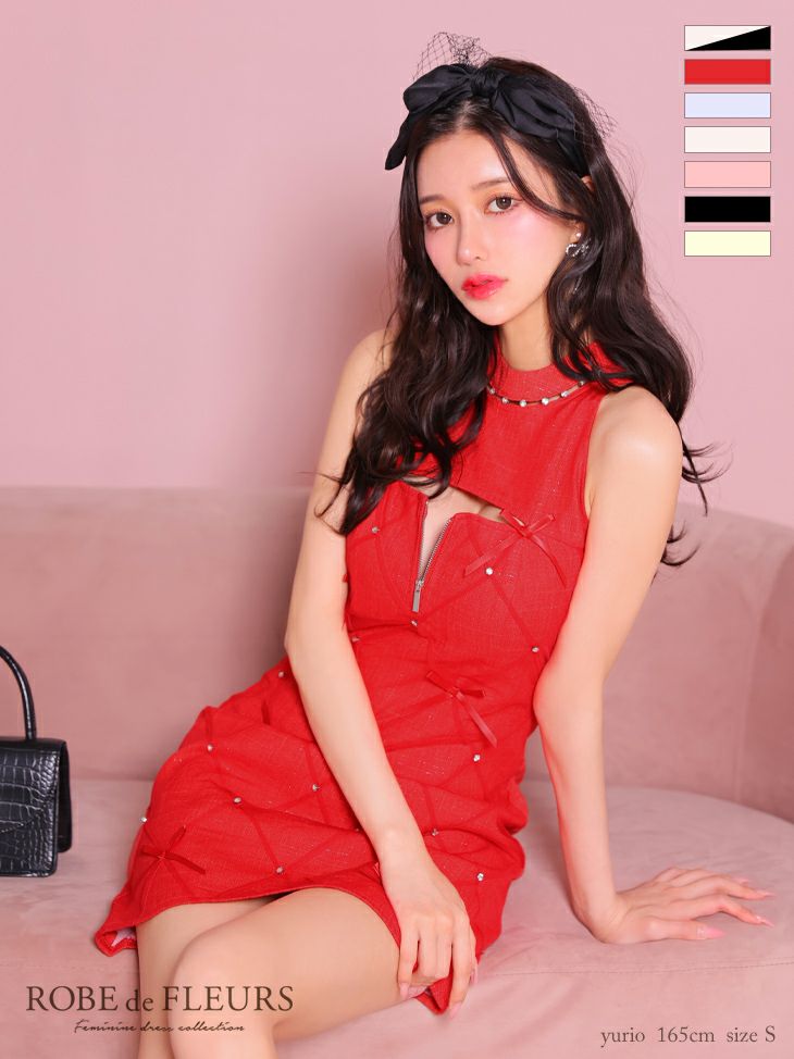 キャバドレス ミニドレス ROBEdeFLEURS ローブドフルール　高級ホルターネックキルティングリボンバストカットジップフレアミニドレス