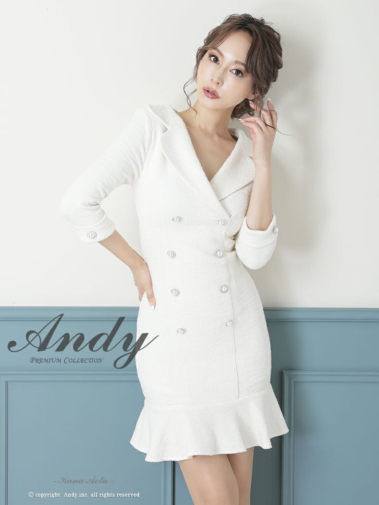 キャバドレス Andy アンディ 高級スカラップ風襟デザイン袖ありツイードタイトミニドレス