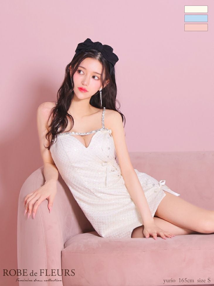 キャバドレス ミニドレス ROBEdeFLEURS ローブドフルール　　高級キャミソールラメビジューショルダーガーリーリボンタイトミニドレス