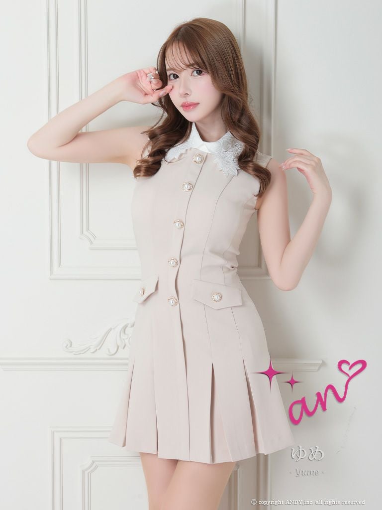 キャバドレス an アン 高級プリーツノースリーブ襟デザインパールボタンフェイクポケットフレアミニドレス