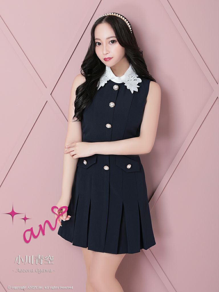 キャバドレス an アン 高級プリーツノースリーブ襟デザインパールボタンフェイクポケットフレアミニドレス