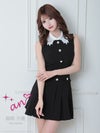 キャバドレス an アン 高級プリーツノースリーブ襟デザインパールボタンフェイクポケットフレアミニドレス