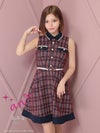 キャバドレス an アン 高級ノースリーブ襟デザインパールボタンウエストベルトツイードチェック柄フレアミニドレス
