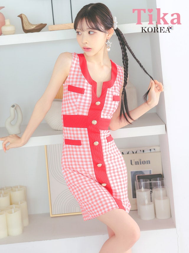 メイン画像 キャバドレス 韓国 [SALE] ミニドレス ノースリーブ ギンガムチェック柄 赤 タイト キャバドレス (緩苺着用) [tk-mdk1020]