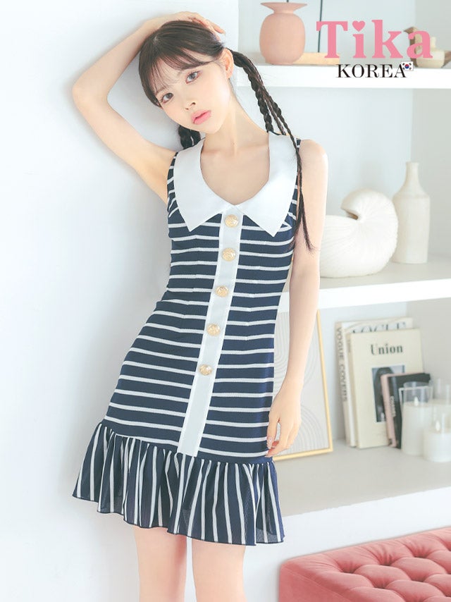 メイン画像 キャバドレス 韓国 [SALE] ワンピース マリン風 襟付き ボーダー ノースリーブ フリル Aライン ミニドレス (緩苺着用) [tk-mdk1056]