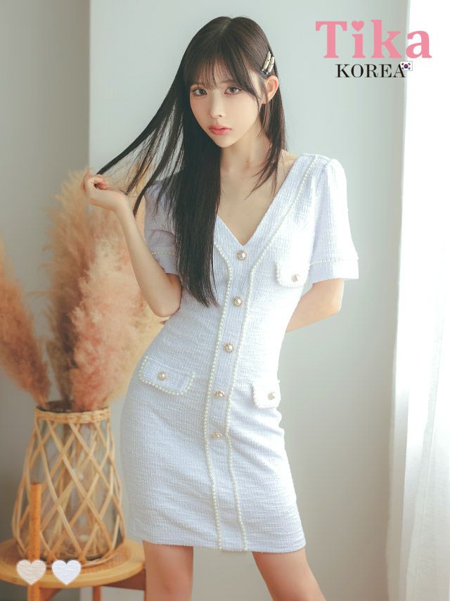 メイン画像 キャバドレス 韓国 ミニドレス ストレッチニット Vネック パールボタン 半袖 タイト キャバドレス (緩苺着用) [tk-mdkss15]