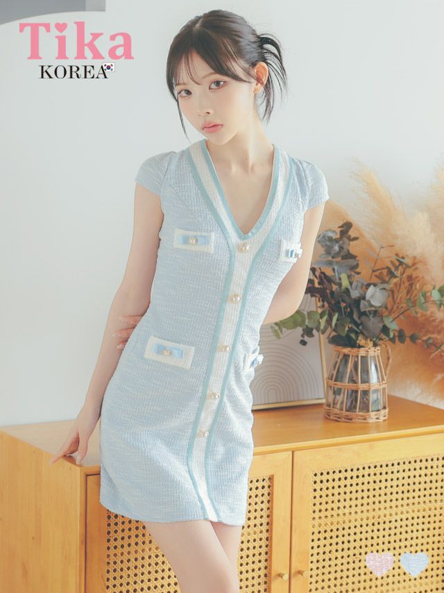 メイン画像 キャバドレス 韓国 [SALE] ミニドレス ツイード バイカラー ゴールドボタン 半袖 水色 ブルー タイト キャバドレス (緩苺着用) [tk-mdk117-8a]