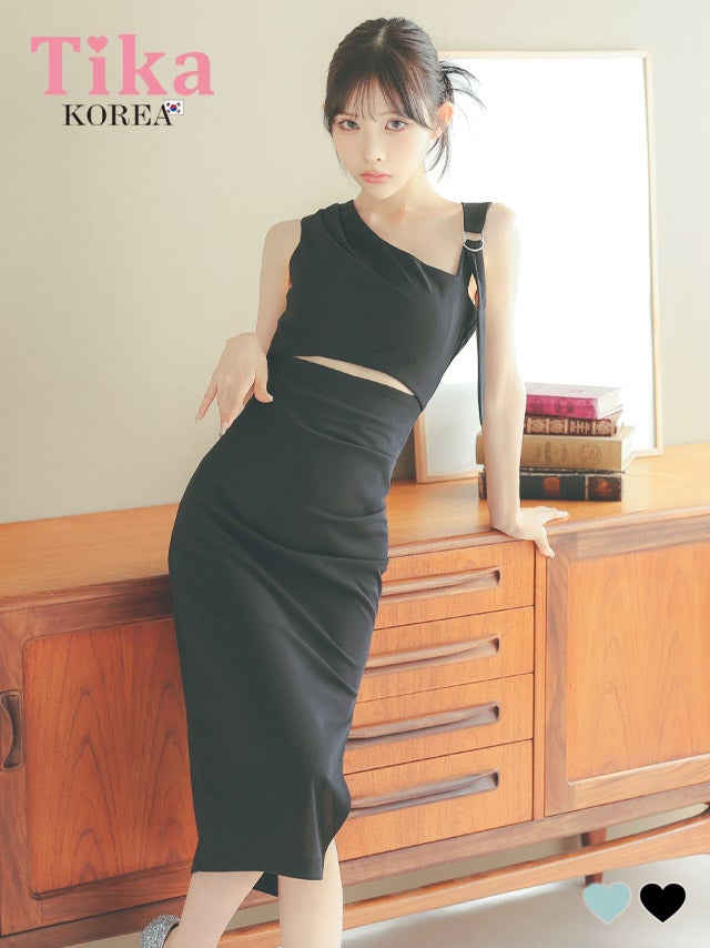 メイン画像 キャバドレス 韓国 膝丈ドレス ワンショルダー風 アシメショルダー ウエストカット ギャザー タイト キャバドレス (緩苺着用) [tk-mdk1107-048a]