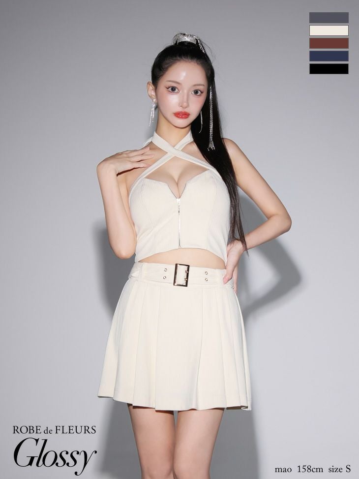 キャバドレス ミニドレス ROBEdeFLEURSGlossy ローブドフルールグロッシー　高級 ホルターネック ジップ セットアップ ウエストベルト プリーツ バストカット 谷間魅せ フレアミニドレス