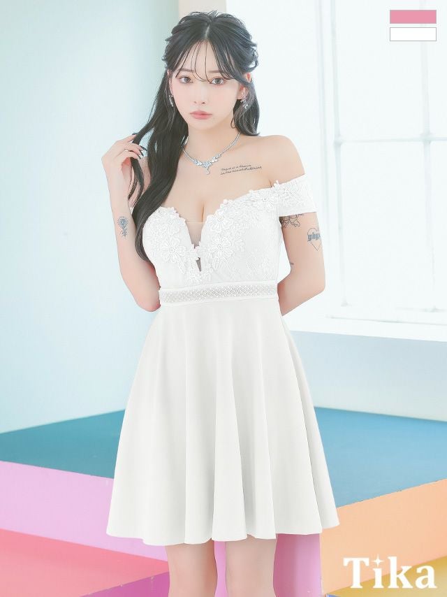 キャバドレス Tika ティカ オフショルダー バストシースルー フラワー刺繍 ウエストビジュー切替 フレア ミニドレス