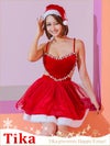 サンタコスプレ 2点set 縁取りハートビジューバックオープンボリュームチュールセクシーフレア [ワンピース+サンタ帽子]