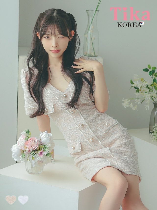 メイン画像 キャバドレス 韓国 ミニドレス ストレッチニット Vネック パールボタン 半袖 タイト キャバドレス (緩苺着用) [tk-mdkss15a]