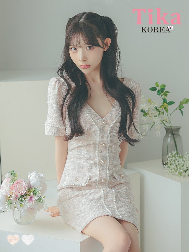 韓国ドレス ミニドレス ストレッチニット Vネック パールボタン 半袖 タイト キャバドレス (緩苺着用) [tk-mdkss15a]