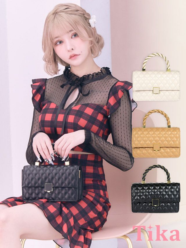 ワンカラー　スカーフ付き　2Way　スクエア　キルティングバッグ