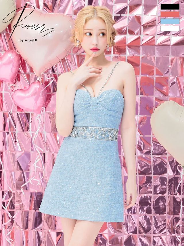 キャバドレス ミニドレス Angel-R エンジェルアール 　高級キャミソールツイードスパンコールリボンビジューフレアミニドレス