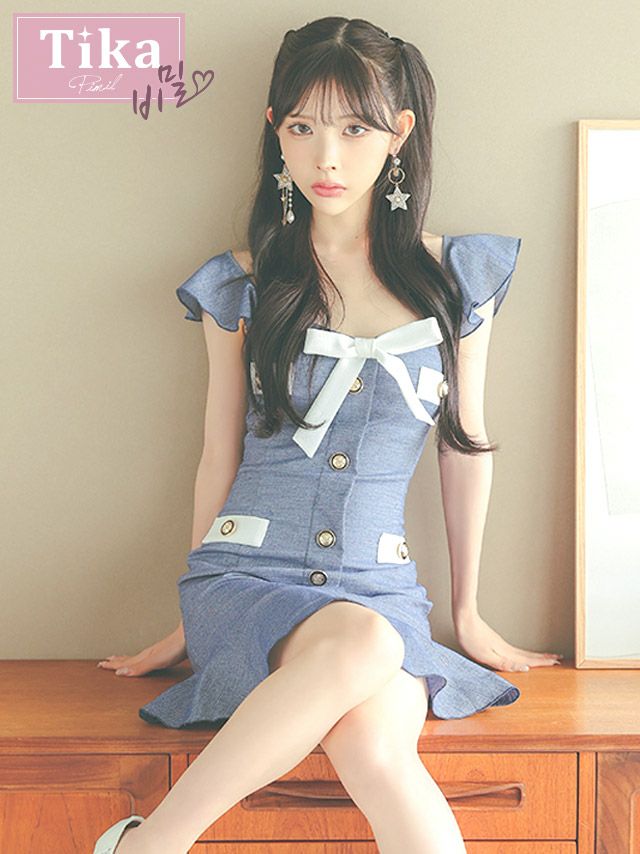 メイン画像 キャバドレス 韓国 フリル半袖バストビッグホワイトリボンフレアミニドレス (Sサイズ～Lサイズ) (緩苺/キャバドレス着用)