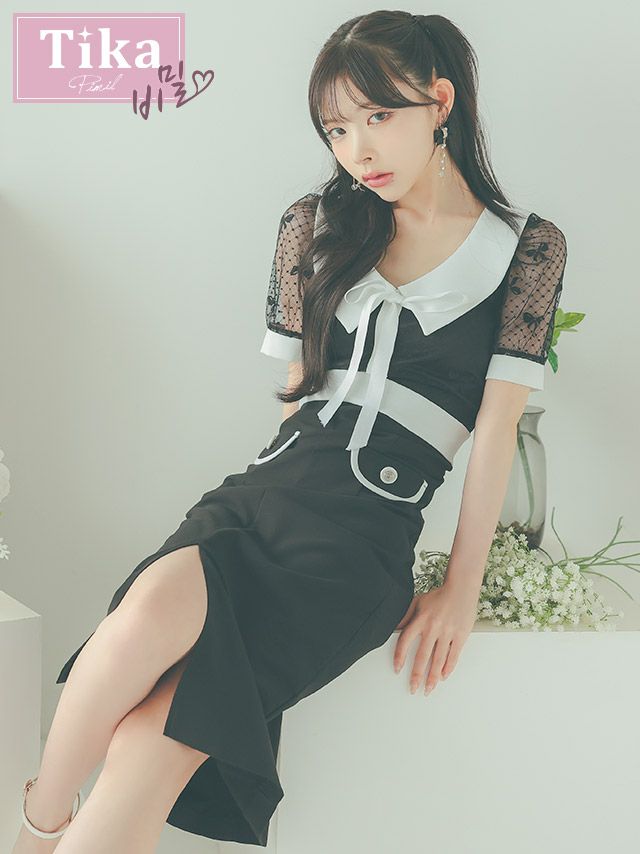 メイン画像 キャバドレス 韓国 半袖 シアーリボン パイピング 襟付き 膝丈ドレス (Sサイズ～Lサイズ) (緩苺/キャバドレス着用)