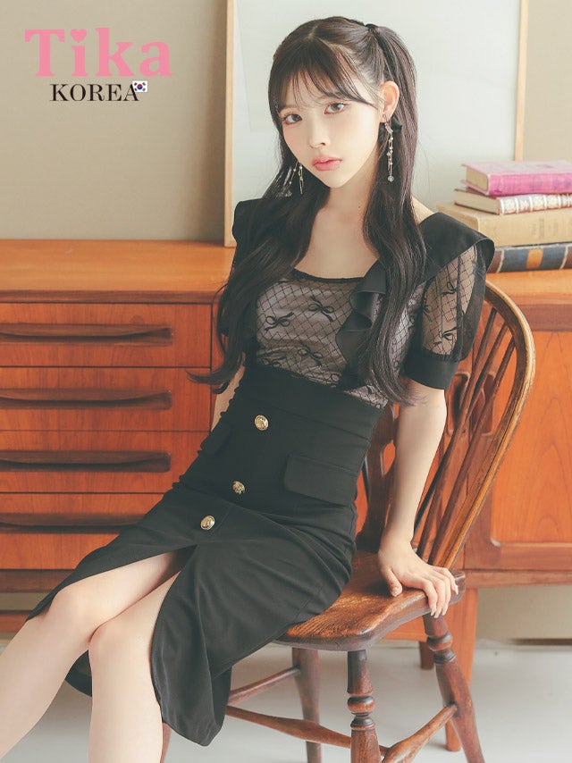 メイン画像 キャバドレス 韓国 膝丈ドレス サロペット風 半袖 シアーリボン フロントボタン タイト キャバドレス (緩苺着用) [tk-mdk1092]