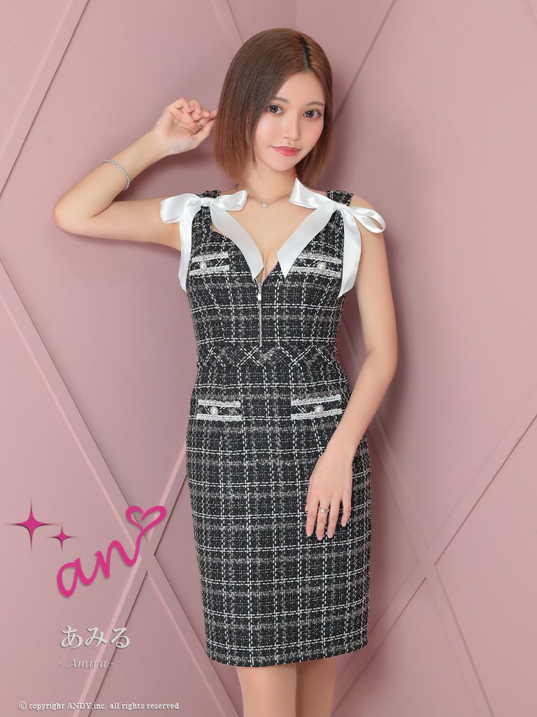 キャバドレス an アン　高級ノースリーブツイードチェック柄ジップショルダーリボンタイトミニドレス