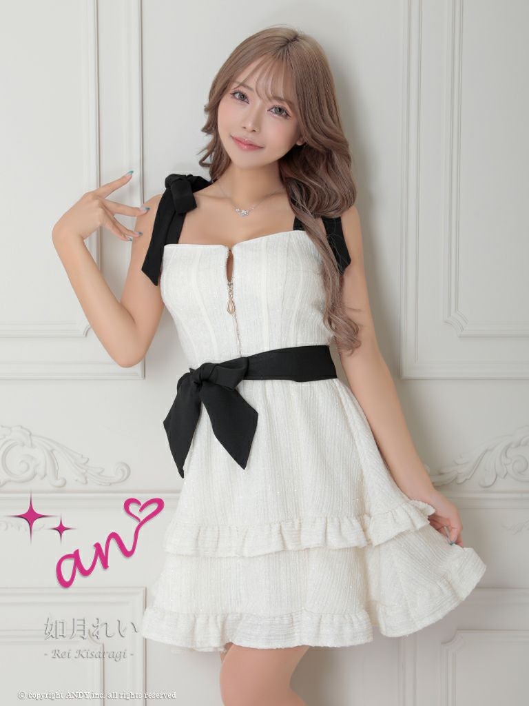 キャバドレス an アン　高級ノースリーブジップウエストリボンフリルフレアミニドレス