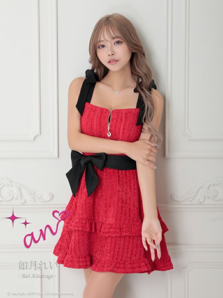 キャバドレス an アン　高級ノースリーブジップウエストリボンフリルフレアミニドレス