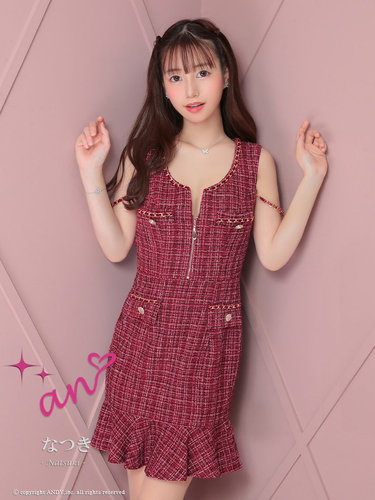 キャバドレス an アン　高級ノースリーブチェック柄ツイードジップボタンチェーンタイトミニドレス