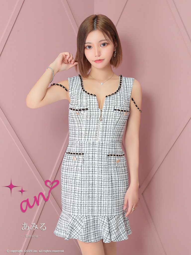 キャバドレス an アン　高級ノースリーブチェック柄ツイードジップボタンチェーンタイトミニドレス
