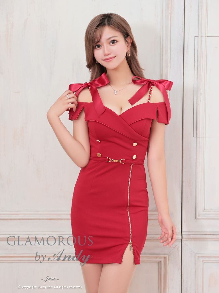 キャバドレス AndyGLAMOROUS アンディグラマラス　高級肩あきジップゴールドボタンショルダーリボンウエストチャームタイトミニドレス