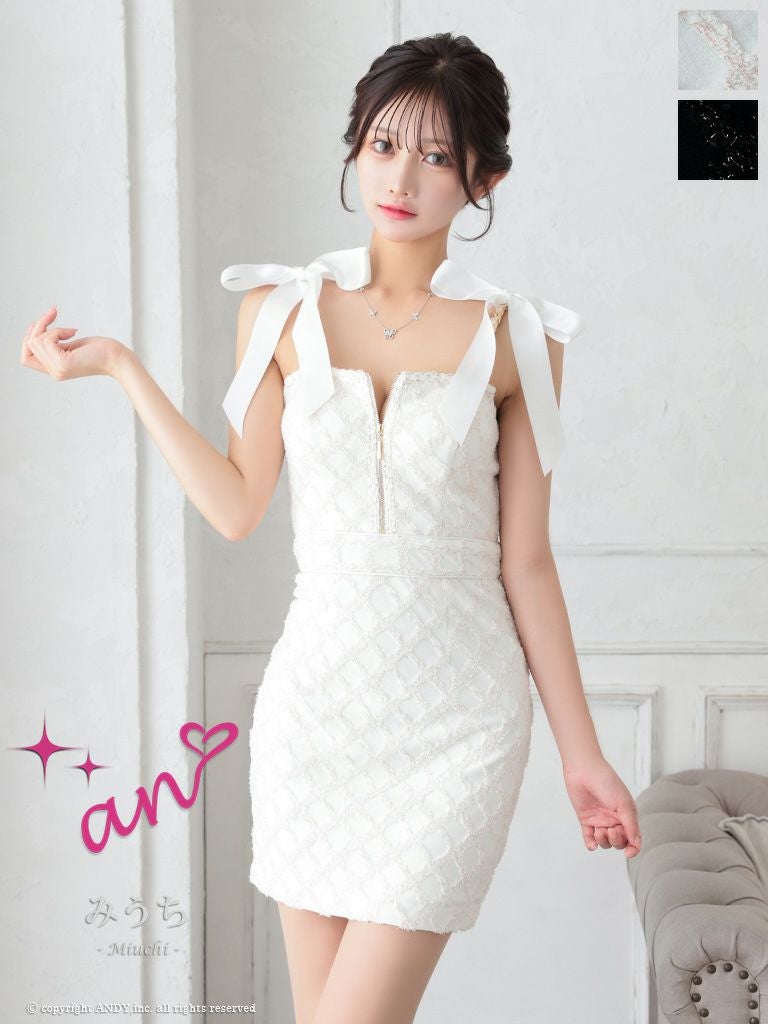 キャバドレス an アン　高級キャミソールフロントジップショルダーチェーンリボンタイトミニドレス