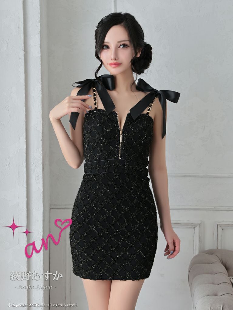 キャバドレス an アン　高級キャミソールフロントジップショルダーチェーンリボンタイトミニドレス