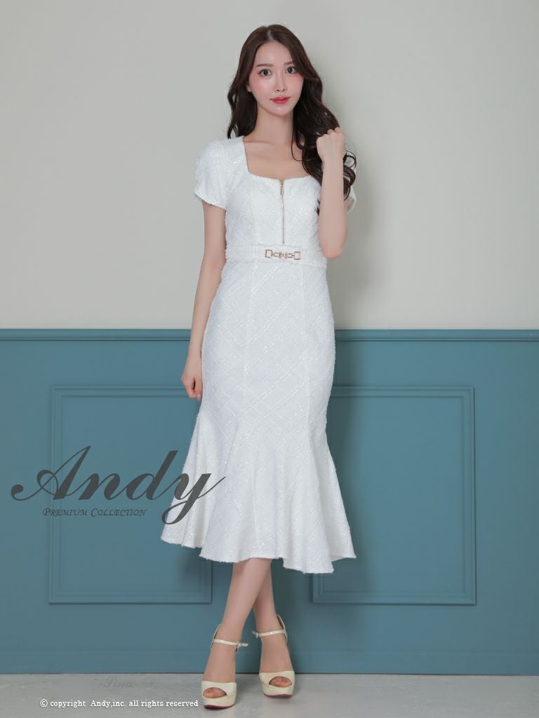 キャバドレス Andy アンディ　高級半袖チェック柄ツイードジップマーメイドタイトロングドレス