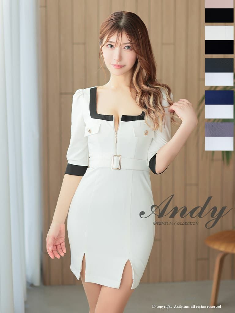 キャバドレス Andy アンディ　高級 袖あ りウエストベルト ジップ ゴールドボタン タイトミニドレス