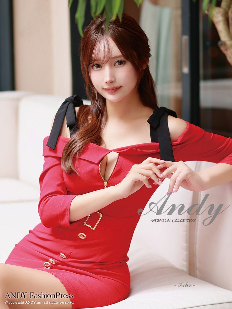 キャバドレス Andy アンディ　高級肩あき袖ありウエストベルトジップショルダーリボンゴールドボタンタイトミニドレス