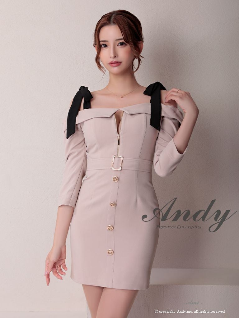 キャバドレス Andy アンディ　高級肩あき袖ありウエストベルトジップショルダーリボンゴールドボタンタイトミニドレス