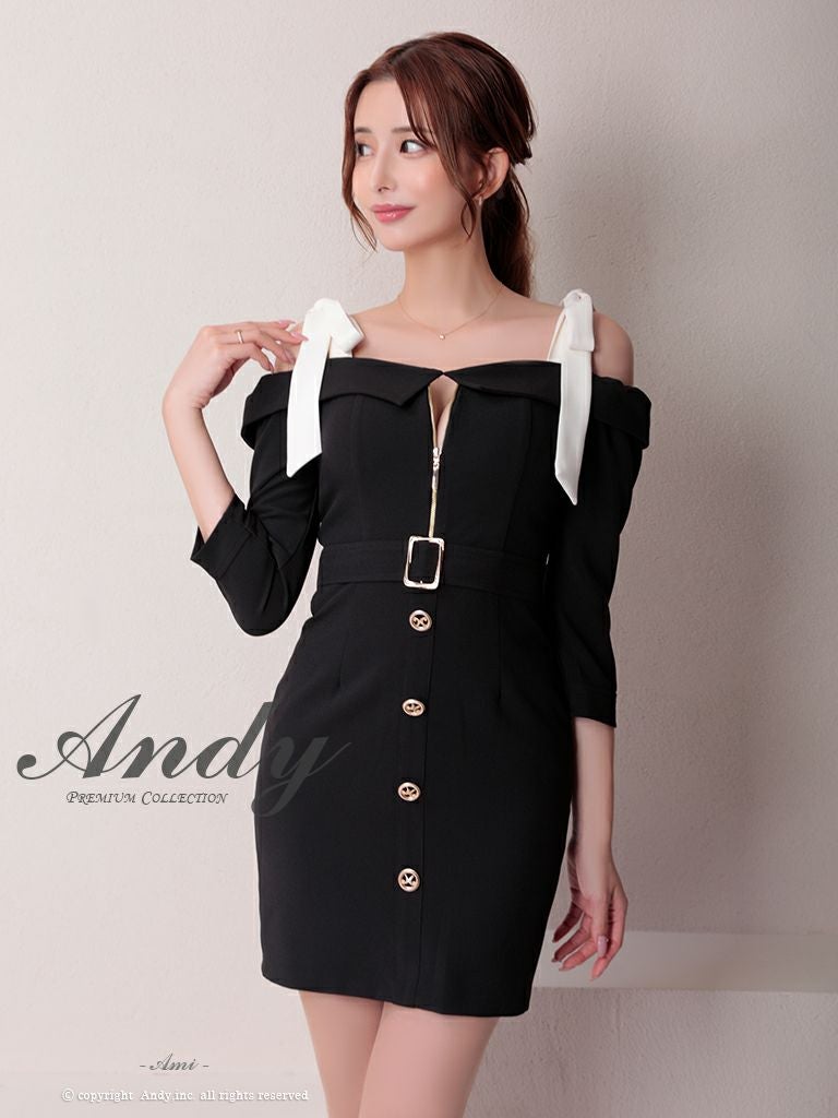 キャバドレス Andy アンディ　高級肩あき袖ありウエストベルトジップショルダーリボンゴールドボタンタイトミニドレス