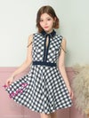 キャバドレス an アン　高級チェック柄ノースリーブ襟デザインジップチェーン膝丈ドレス