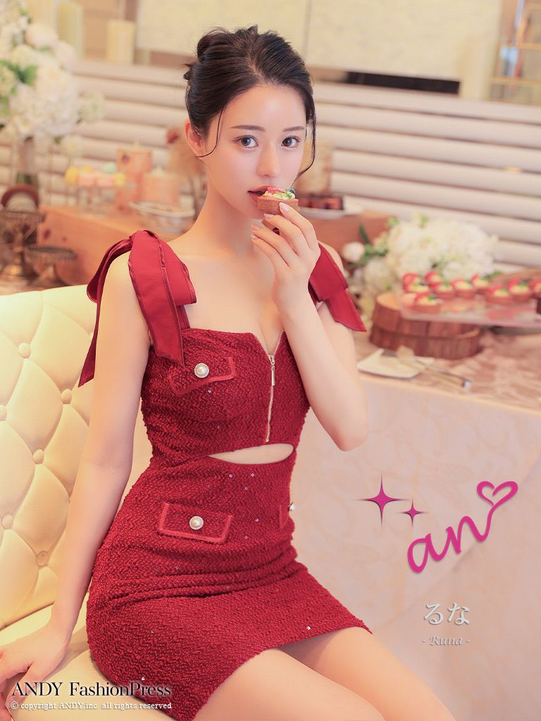 キャバドレス an アン　高級ノースリーブウエストカットジップパールボタンショルダーリボンタイトミニドレス