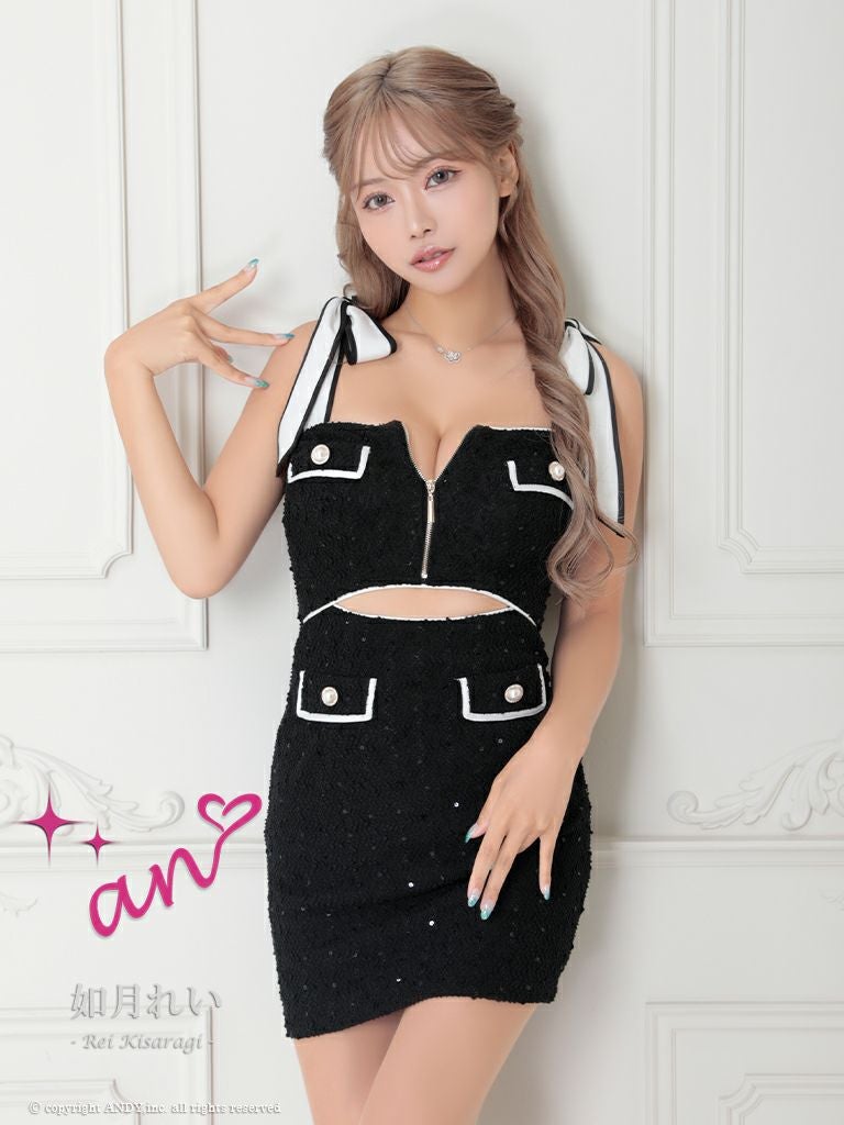 キャバドレス an アン　高級ノースリーブウエストカットジップパールボタンショルダーリボンタイトミニドレス