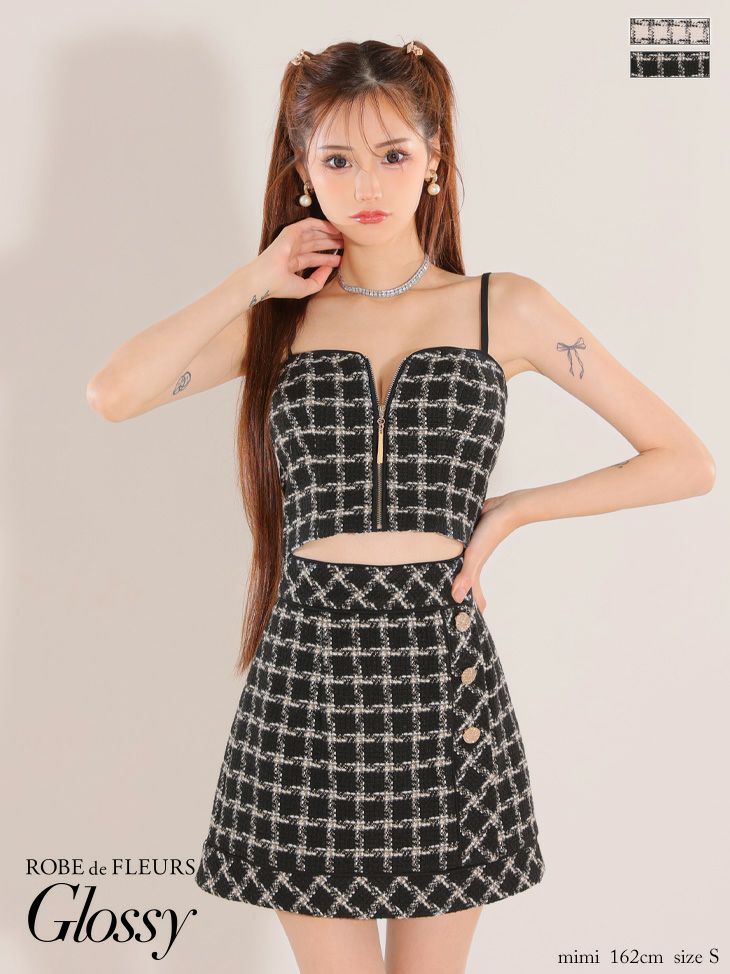 キャバドレス ミニドレス ROBEdeFLEURSGlossy ローブドフルールグロッシー　高級キャミソールチェック柄ツイードセットアップジップボタンフレアミニドレス