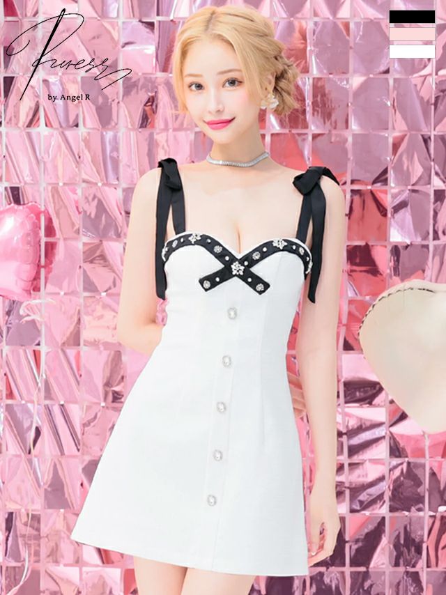 キャバドレス ミニドレス Angel-R エンジェルアール 　高級ノースリーブツイードショルダーリボンフラワービジューフレアミニドレス