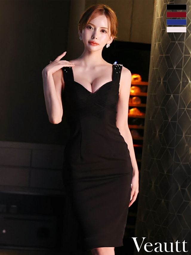 キャバドレス 膝丈ドレス Angel-R エンジェルアール 　高級ノースリーブジップショルダービジューワンカラータイト膝丈ドレス