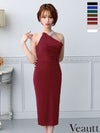 キャバドレス 膝丈ドレス Veautt/ヴュート 高級ネックビジュードレープジップワンショルダースリットタイト膝丈ドレス