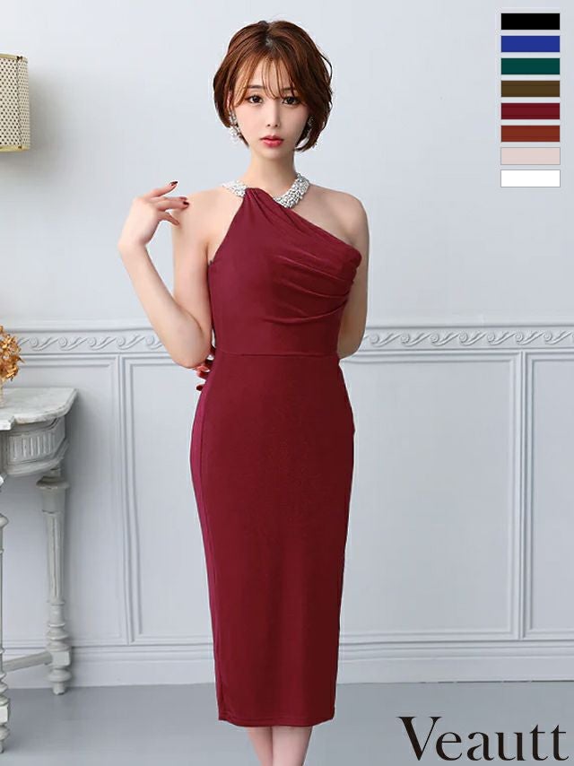キャバドレス 膝丈ドレス Veautt/ヴュート 高級ネックビジュードレープジップワンショルダースリットタイト膝丈ドレス