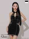 キャバドレス ミニドレス ROBEdeFLEURSGlossy ローブドフルールグロッシー　高級ホルターネックフロントジップパイピングラメニットタイトミニドレス