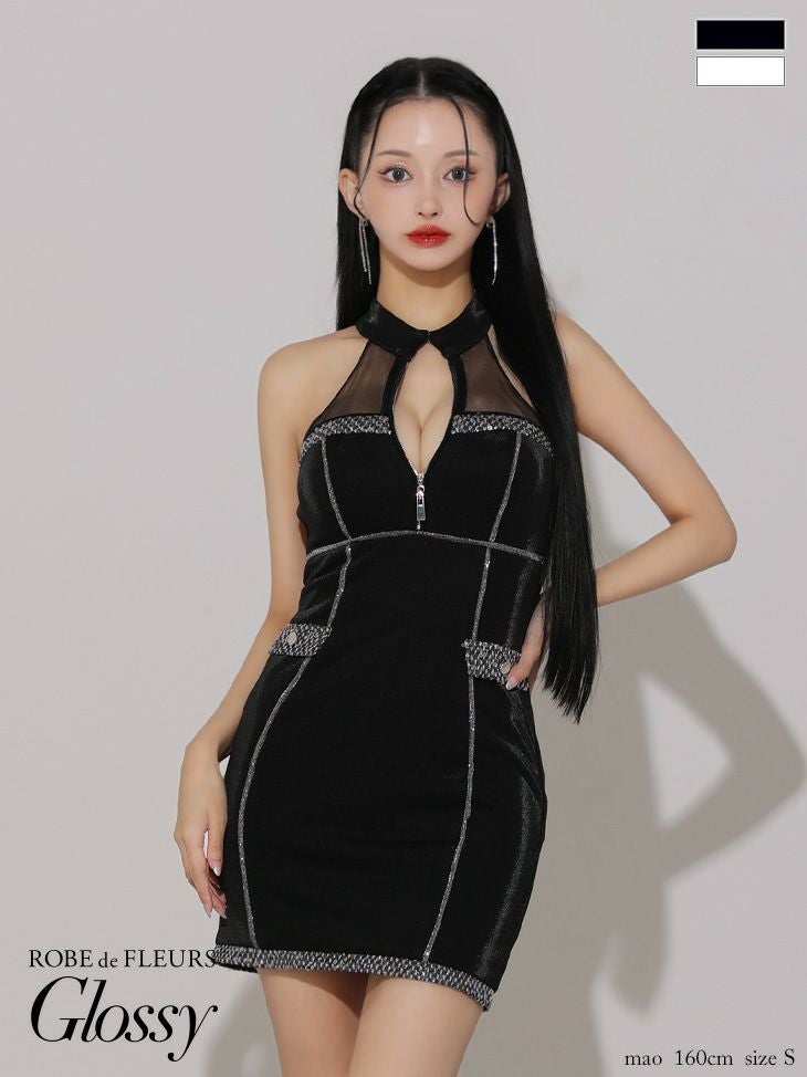 キャバドレス ミニドレス ROBEdeFLEURSGlossy ローブドフルールグロッシー　高級ホルターネックフロントジップパイピングラメニットタイトミニドレス
