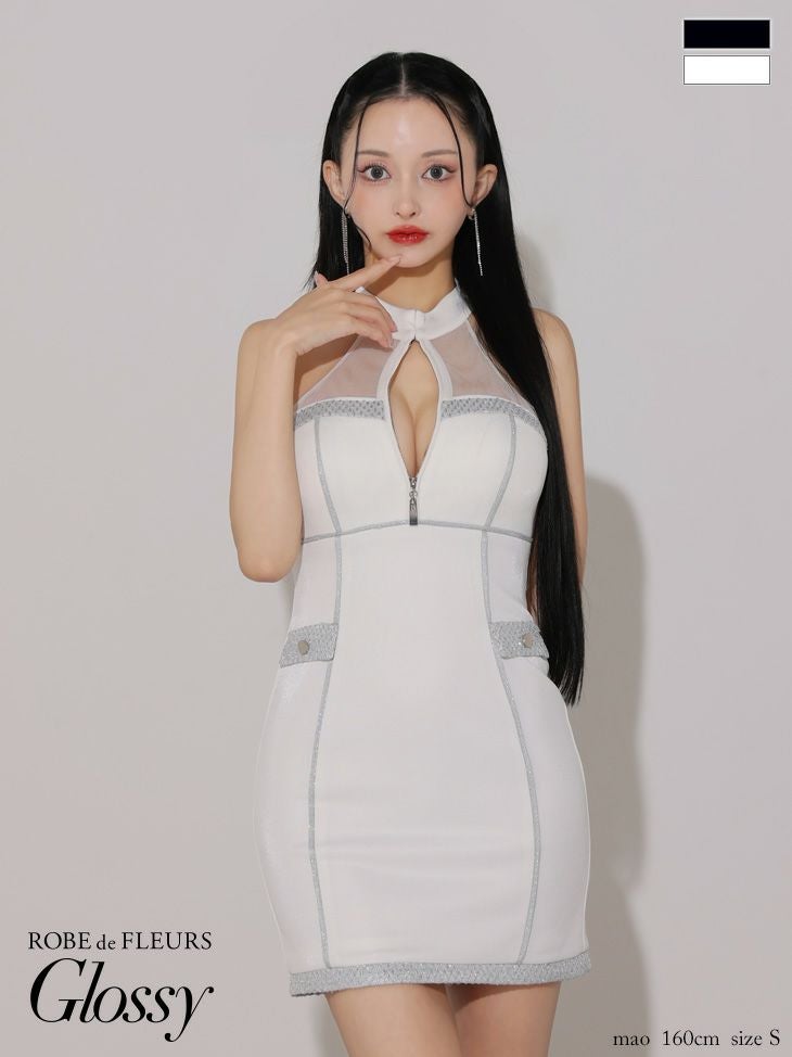 キャバドレス ミニドレス ROBEdeFLEURSGlossy ローブドフルールグロッシー　高級ホルターネックフロントジップパイピングラメニットタイトミニドレス