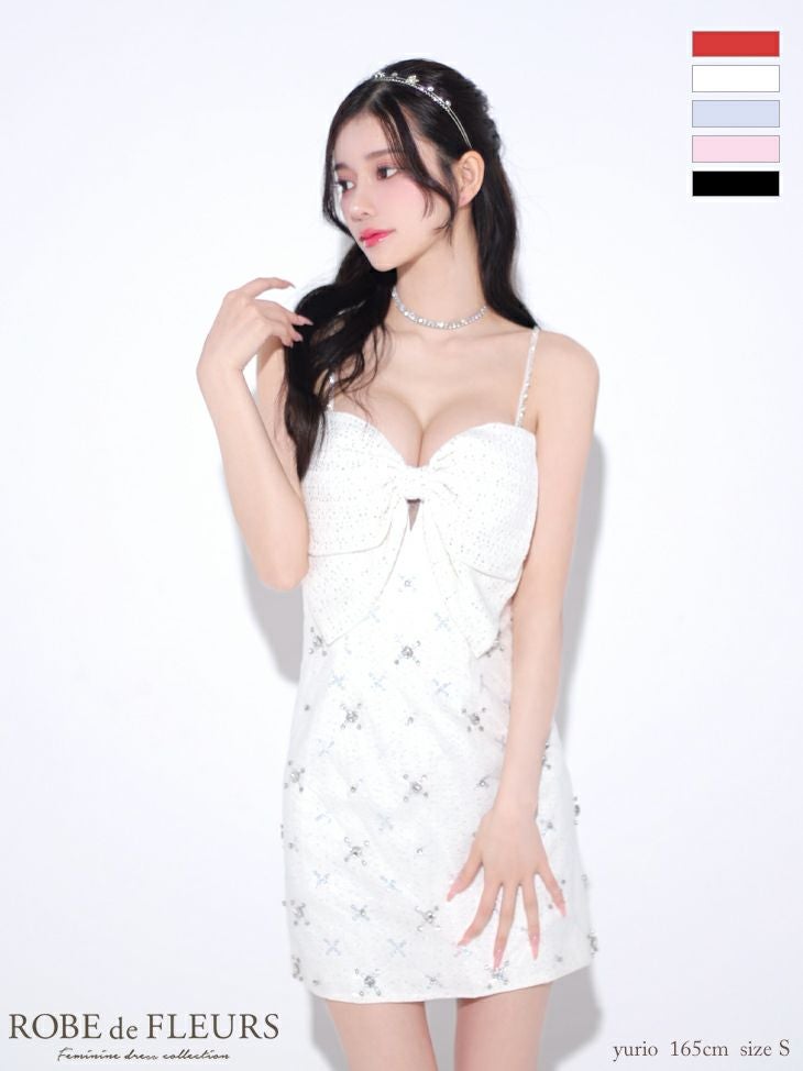 キャバドレス ミニドレス ROBEdeFLEURS ローブドフルール　高級キャミソールスパンコールツイードビッグリボン刺繍チュールレースタイトミニドレス