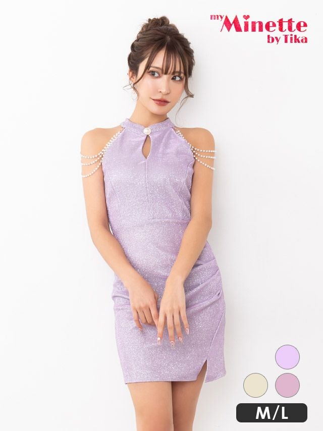 キャバドレス myMinette マイミネット ワンカラー パールボタン ホルターネック バストカット パールアクセサリー付き タイト ミニドレス