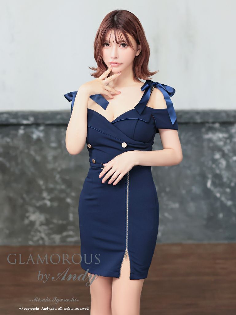 キャバドレス AndyGLAMOROUS アンディグラマラス　高級肩あきジップゴールドボタンショルダーリボンウエストチャームタイトミニドレス